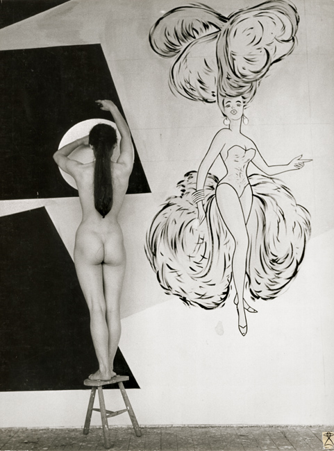 Raymond M. Clermont - Nude on a Step Chair with Artwork