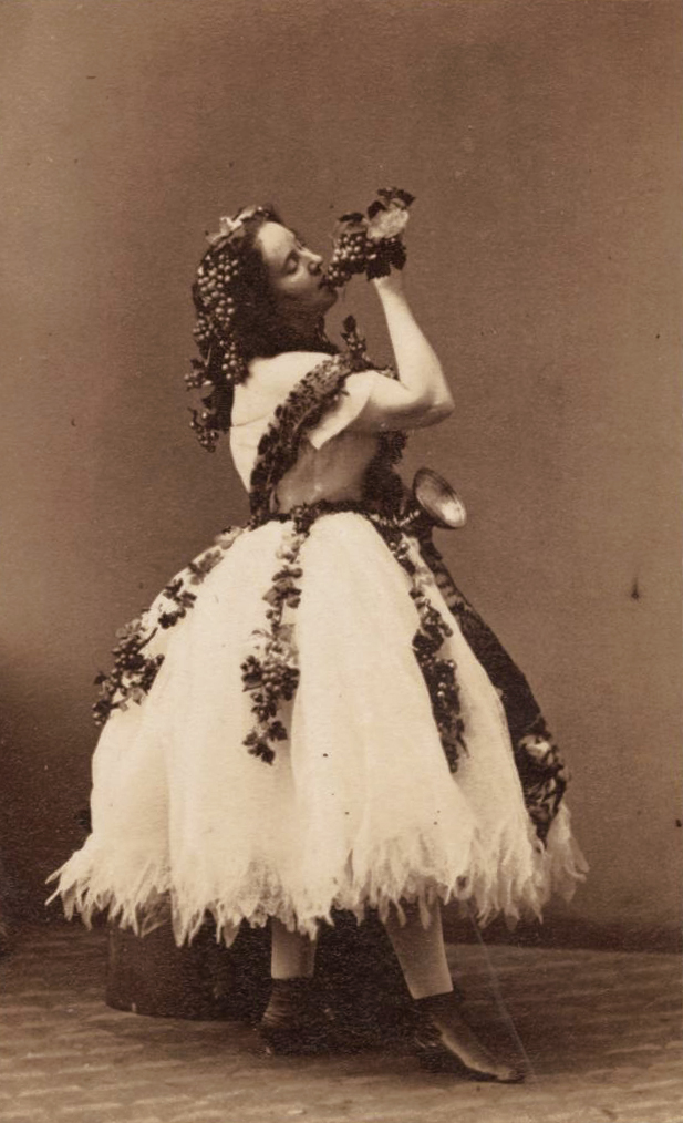 Andre Adolphe-Eugene Disderi - Portrait of Actress Louise Charlotte Abingdon-Legaigneur Drinking Wine in Dress Decorated with Grapes