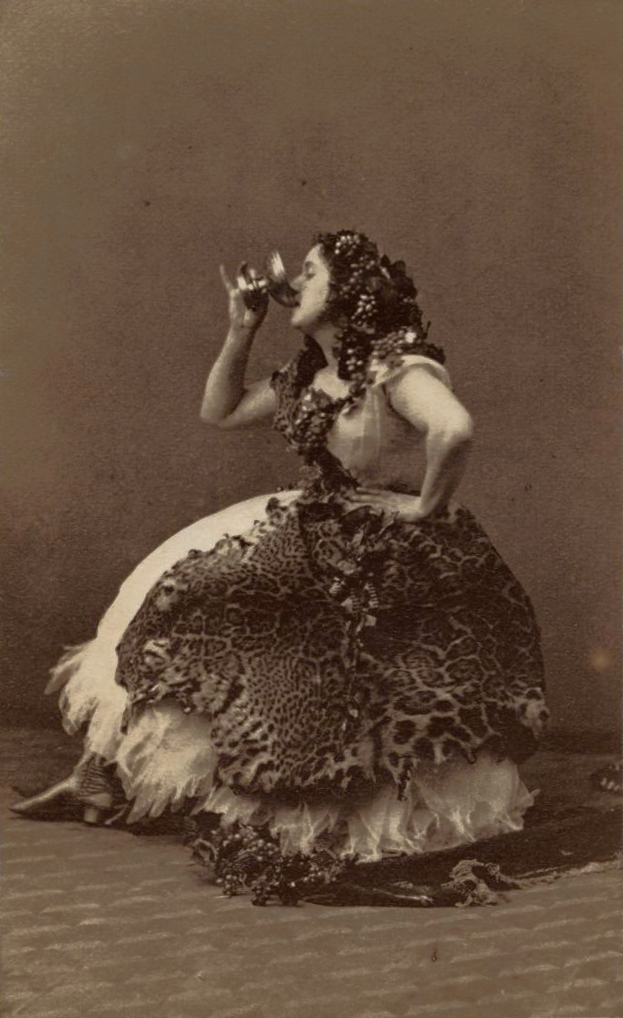 Andre Adolphe-Eugene Disderi - Portrait of Actress Louise Charlotte Abingdon-Legaigneur Drinking Wine in Dress Decorated with Grapes